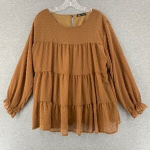 Pretty Garden Women's‎ Brown Long Sleeve Tiered Swiss Dot Blouse L Boho Coquette